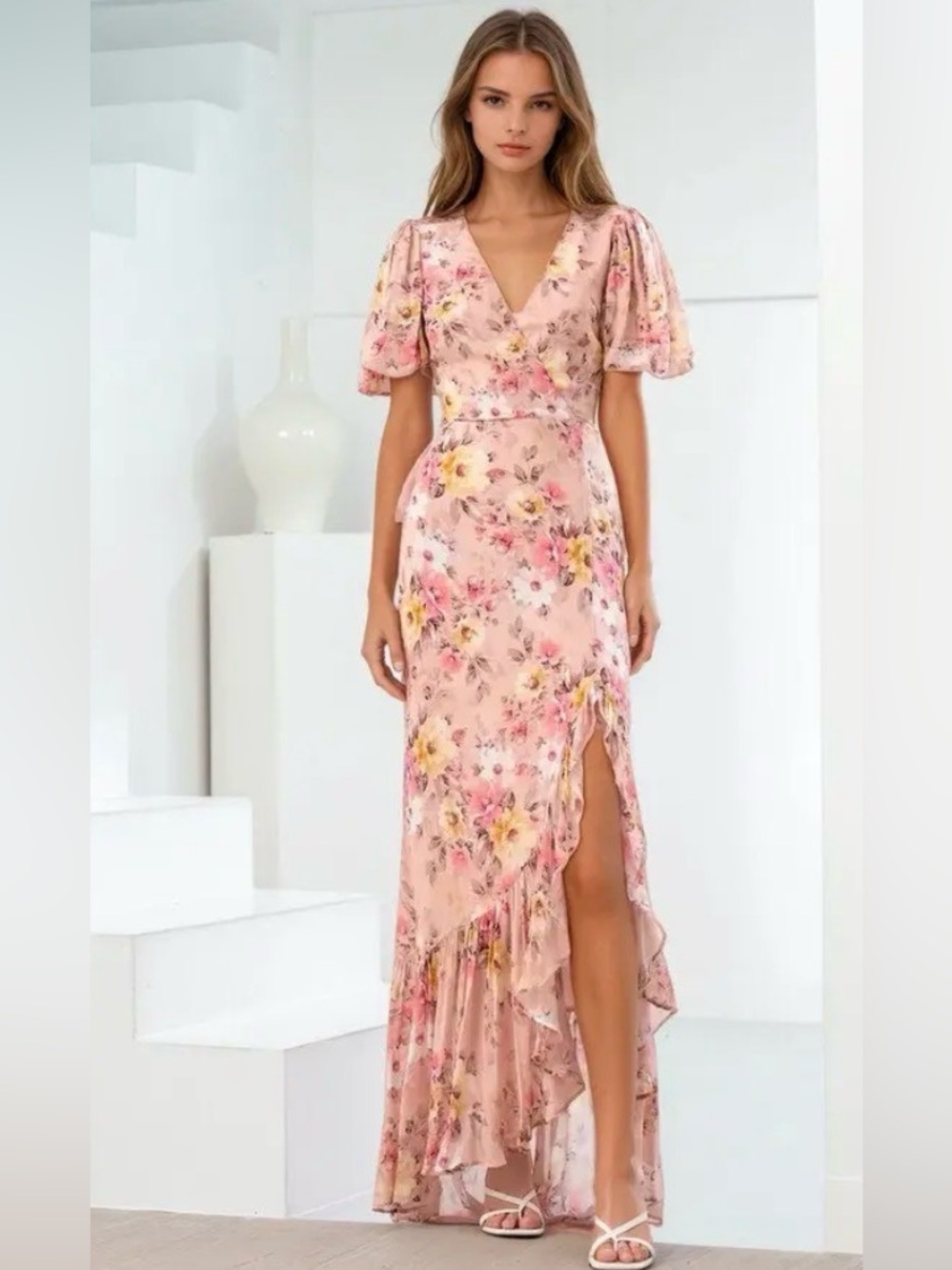 Yumi Kim Jenny Maxi Dress-Pink Floral High-Low Wrap Dress
